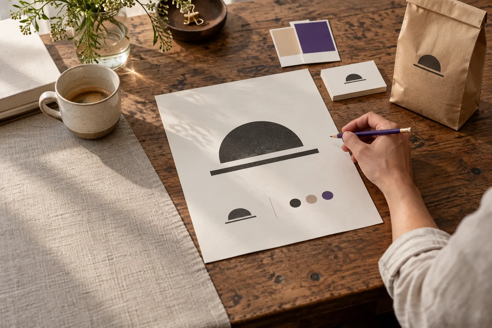 A delivered logo refresh laid out on a studio table, pencil ready for the review